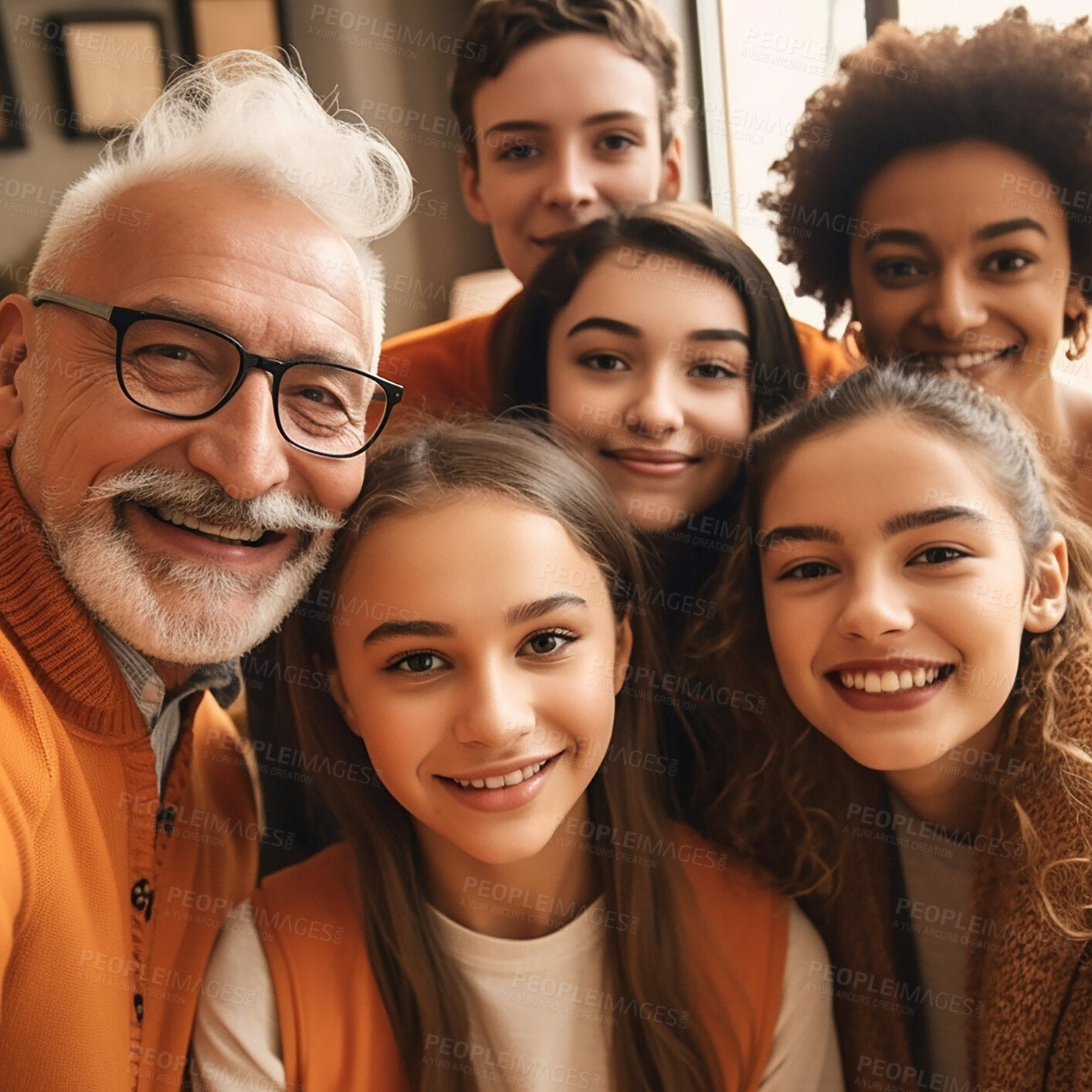 Buy stock photo Family, smile and diversity portrait or selfie with children, parents and grandparents bonding. Senior man, women and kid group happy for support, security and time with love and care ai generated