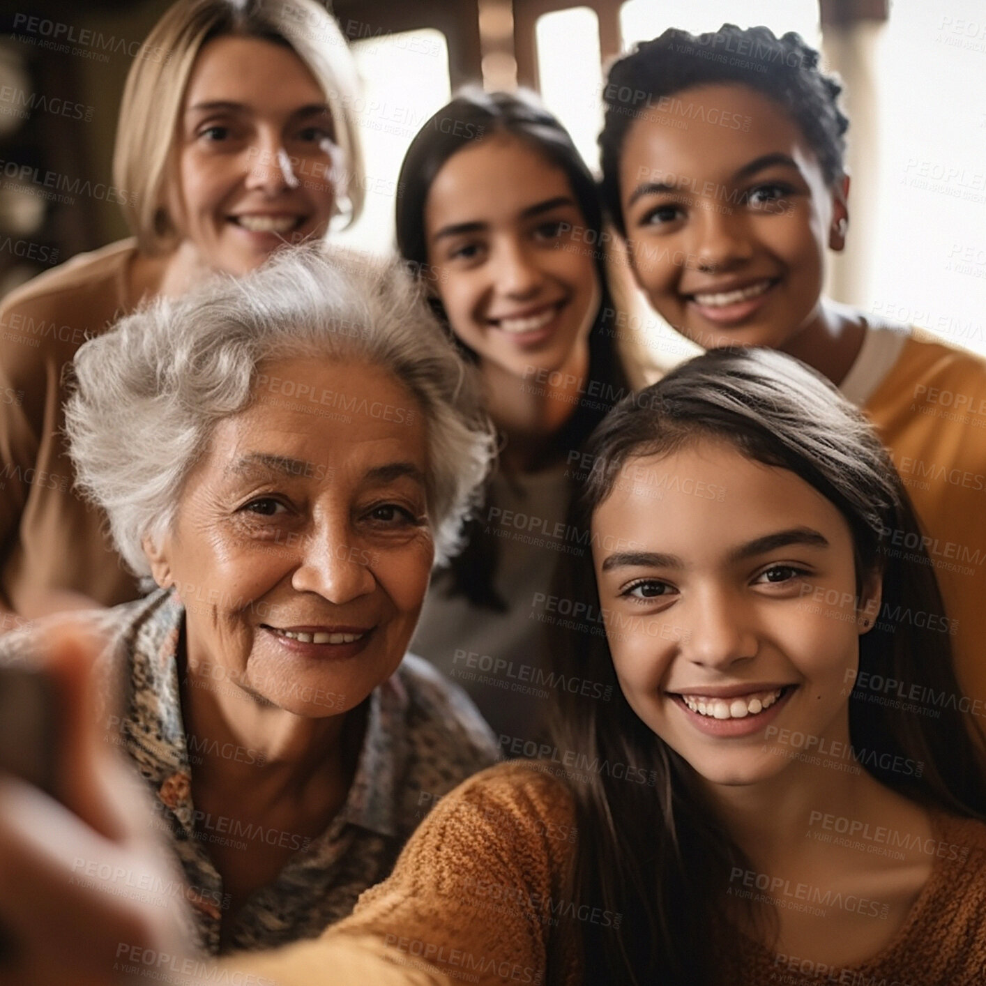 Buy stock photo Selfie, smile and portrait of women in home for relaxing, bonding and quality time together. Big family, multicultural generations and faces of happy people smile for ai generated picture together