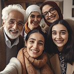 Selfie, indian family with a senior man and grandchildren in the living room of a home during a visit. Love, happy and a grandfather posing together with a group of girl relatives in their house