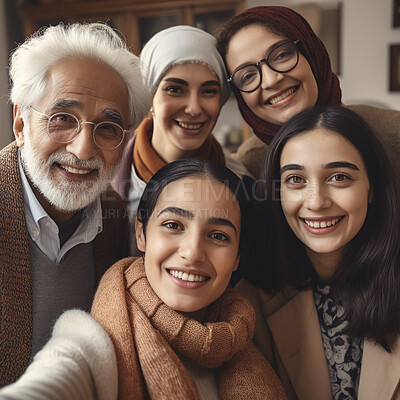 Buy stock photo Selfie, indian family with a senior man and grandchildren in the living room of a home during a visit. Love, happy and a grandfather posing together with a group of girl relatives in their house