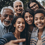 Selfie, love and family with smile, bonding and quality time on break, loving and happiness. Portrait, grandparents and children with joy, vacation and kids with generations, happy and cheerful