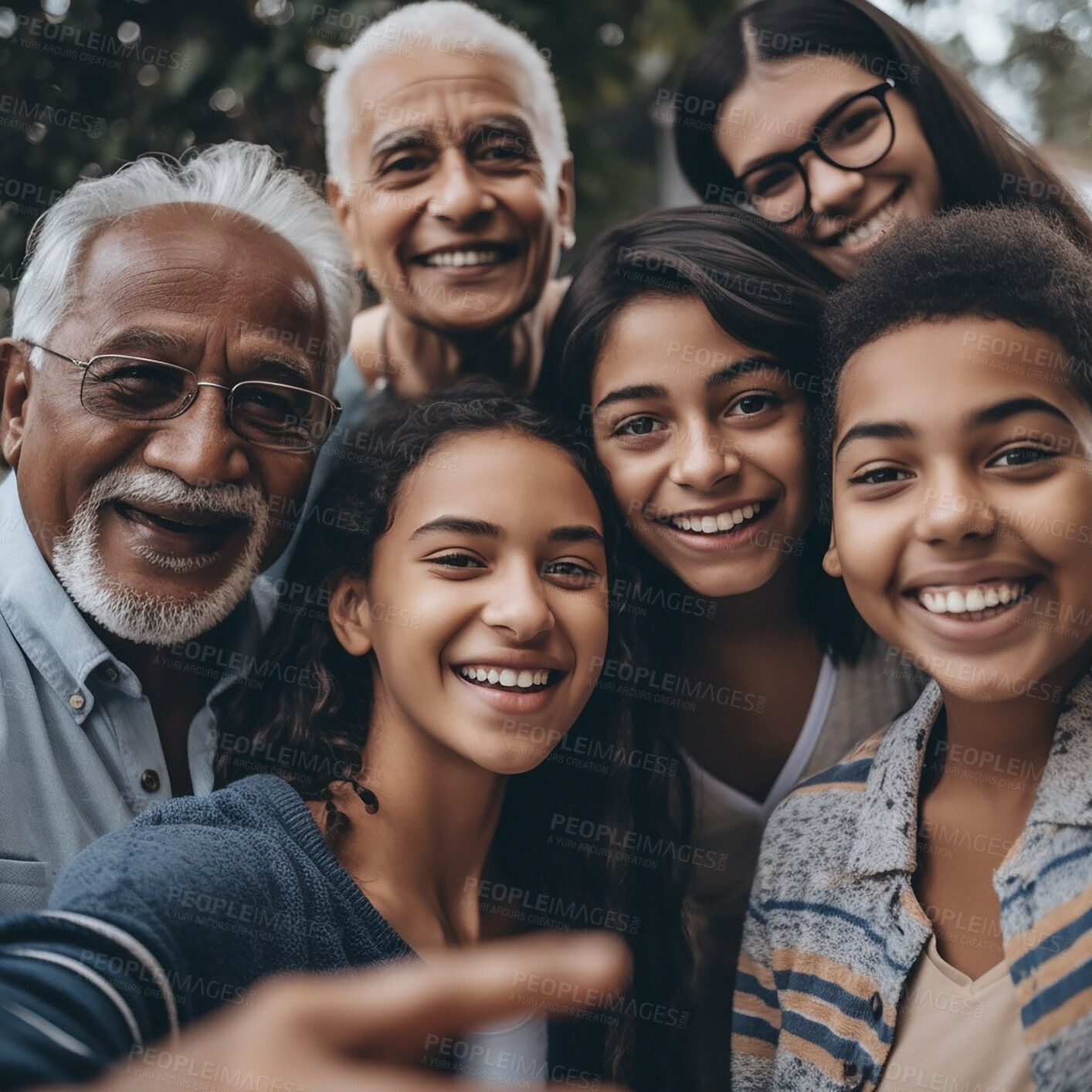 Buy stock photo Selfie, love and family with smile, bonding in quality time with natural loving or happiness. Portrait, grandparents and children with joy on vacation with generations, happy and ai generated