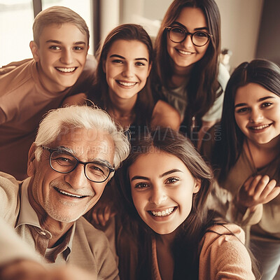 Selfie portrait of grandparents, parents and children at home with digital design, color and 3d photo filter. Family, creative technology and augmented face of happy people smile for picture together