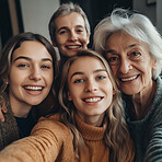 Ai selfie of grandparents, parents and children at home with digital art, futuristic portrait and 3d photo filter. Family, creative technology and augmented faces of happy women smile for picture