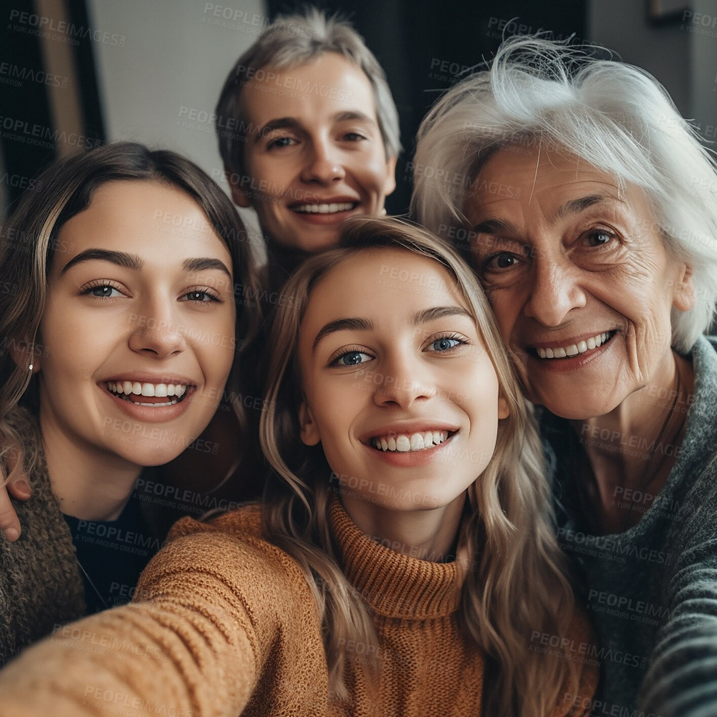 Buy stock photo Selfie, portrait and grandparents, parents and children in home for bonding, quality time and relax in living room. Big family, face of happy women smile together for ai generated picture in house