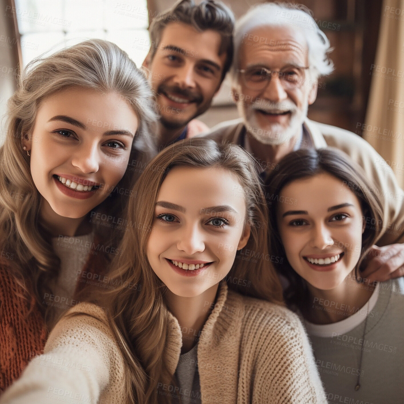 Buy stock photo Portrait selfie of grandparents, parents and children at home for relaxing, bonding and quality time. Big family, multicultural and faces of happy people smile for ai generated picture together