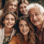 Ai, selfie and portrait of grandparents and children at home with digital art, futuristic app and 3d photo filter. Family, creative technology and augmented faces of happy people smile for picture