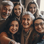 Ai, selfie and portrait of family with smile at home with digital art, futuristic app and 3d photo filter. Creative, technology abstract and augmented faces of happy grandparents and kids for picture