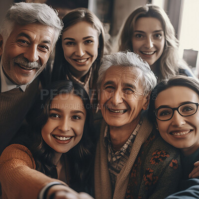 Ai, selfie and portrait of family with smile at home with digital art, futuristic app and 3d photo filter. Creative, technology abstract and augmented faces of happy grandparents and kids for picture