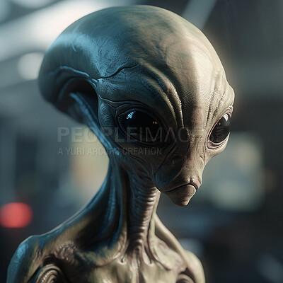 Alien attack or abduction or in a UFO space ship, visitor or scary world or universe with invasion, technology and martians. A close up or portrait of aliens for horror, strange and special effects.