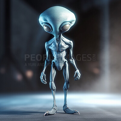 Alien attack or abduction or in a UFO space ship, visitor or scary world or universe with invasion, technology and martians. A close up or portrait of aliens for horror, strange and special effects.