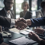 Business people, shaking hands and corporate meeting in conference for b2b, deal or agreement at office. Employees handshake in collaboration, teamwork or welcome for introduction or team greeting