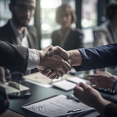 Buy stock photo Business people, shaking hands and corporate meeting in conference for b2b, deal or agreement at office. Employees handshake in collaboration, teamwork or welcome for introduction or team greeting