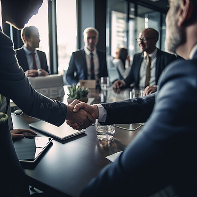 Business handshake, meeting and corporate office with accounting deal and agreement. Shaking hands, collaboration and teamwork motivation of executive management team with success and b2b project