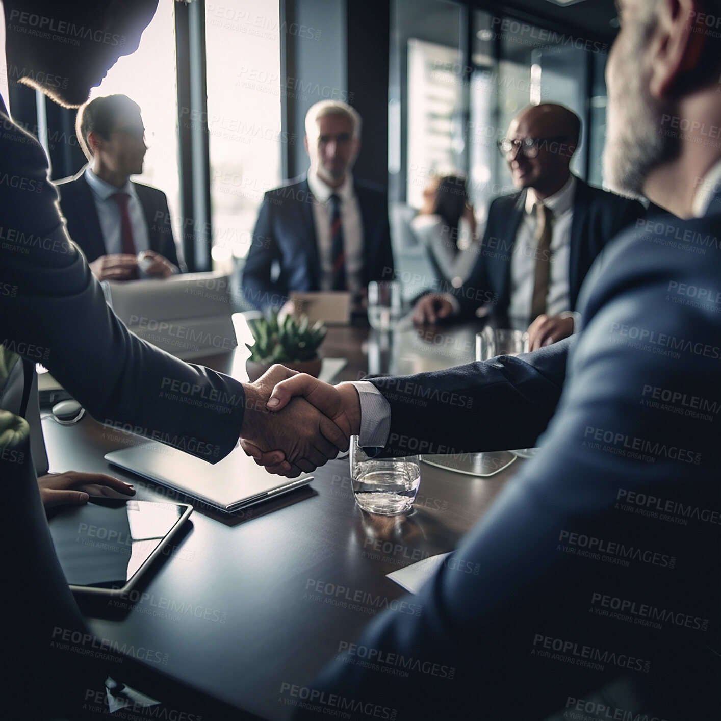 Buy stock photo Business handshake, meeting and corporate office with accounting deal and agreement. Shaking hands, collaboration and teamwork motivation of executive team with ai generated success and b2b project