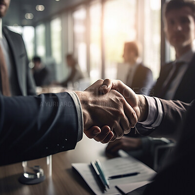 Business people, handshake and corporate meeting for b2b, deal or partnership agreement at office. Employees shaking hands in collaboration, teamwork or welcome for introduction or team greeting