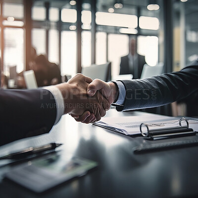 Buy stock photo Business people, shaking hands and partnership in corporate meeting for b2b, deal or agreement at office. Employees handshake in collaboration, teamwork or welcome for introduction or team greeting