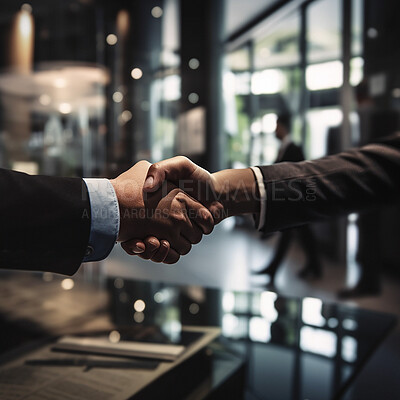 Buy stock photo Business people, handshake and partnership in corporate meeting for b2b, deal or agreement at office. Employees shaking hands in collaboration, teamwork or welcome for introduction or team greeting