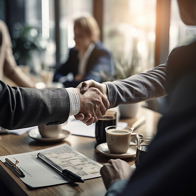Buy stock photo Business people, handshake and corporate meeting in recruitment for b2b, deal or agreement at office. Employees shaking hands in collaboration, teamwork or welcome for introduction, welcome or hiring