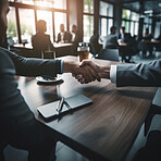 Business people, handshake and partnership in corporate meeting for b2b, deal or agreement at office. Employees shaking hands in collaboration, teamwork or welcome for introduction or recruitment