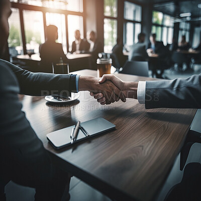Buy stock photo Business people, handshake and partnership in corporate meeting for b2b, deal or agreement at office. Employees shaking hands in collaboration, teamwork or welcome for introduction or recruitment