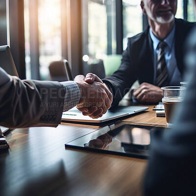Buy stock photo Business people, handshake and partnership in meeting for deal, b2b or corporate agreement at office. Employees shaking hands in collaboration, teamwork or welcome for introduction or recruitment