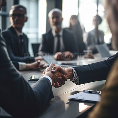 Buy stock photo Business people, handshake and corporate meeting in conference for b2b, deal or agreement at office. Employees shaking hands in collaboration, teamwork or welcome for introduction or team greeting