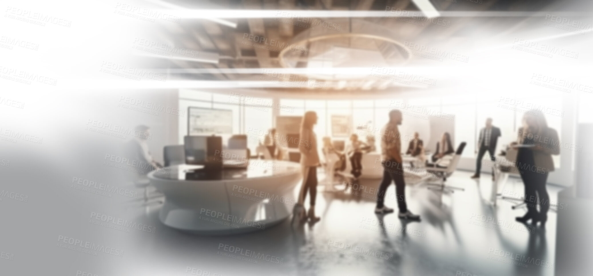 Buy stock photo Busy, workforce and startup company with employees working and walking in an office building with black and white overlay. Business, workspace and people at work networking and planning