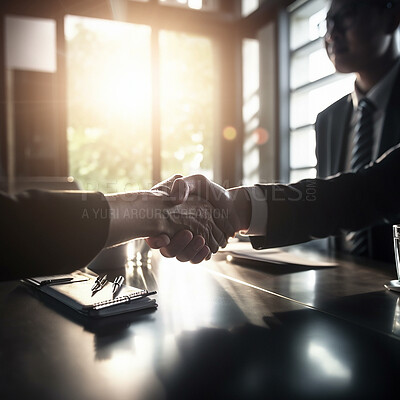 Buy stock photo Business people, handshake and meeting at night for b2b, deal or agreement in corporate meeting at office. Employees shaking hands working late in collaboration, teamwork or hiring and recruitment