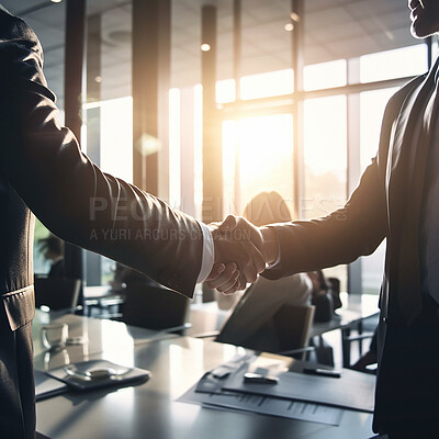 Buy stock photo Business people, shaking hands and partnership at night for b2b, deal or corporate agreement at office. Employees handshake working late in collaboration, teamwork or welcome in hiring or recruitment