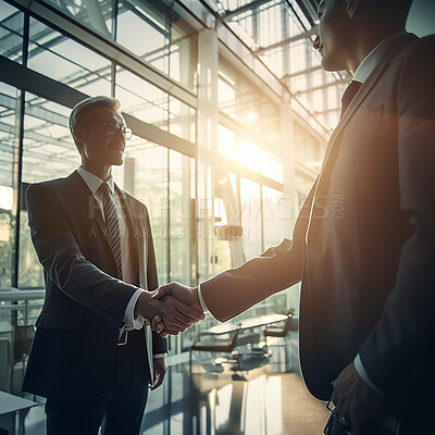 Buy stock photo Businessman, handshake and partnership in corporate meeting for b2b, deal or agreement at office. Employee men shaking hands in collaboration, teamwork or welcome for introduction or greeting at work