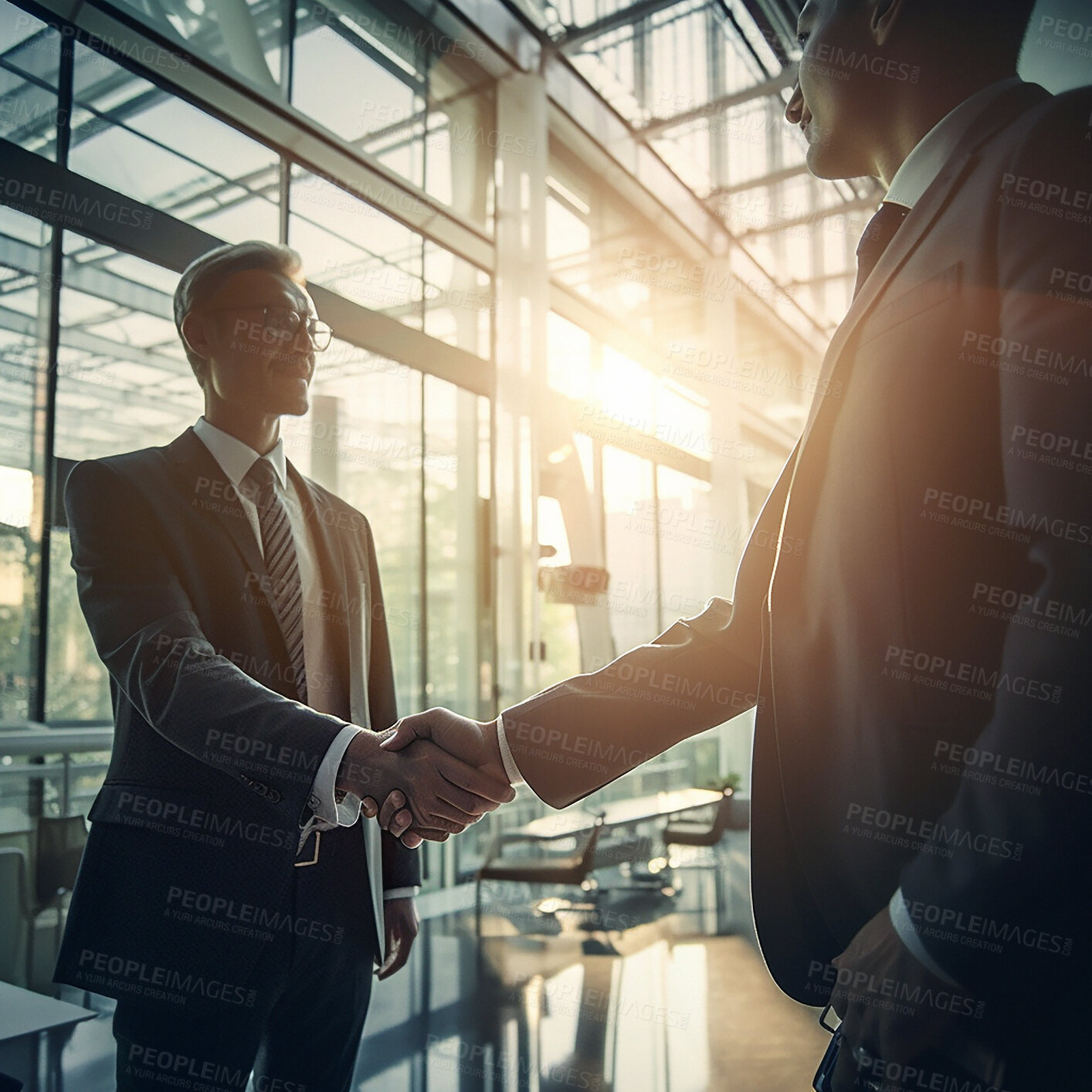 Buy stock photo Businessman, handshake and partnership in corporate meeting for b2b, deal or agreement at office. Employee men shaking hands in collaboration, teamwork or welcome for introduction or greeting at work