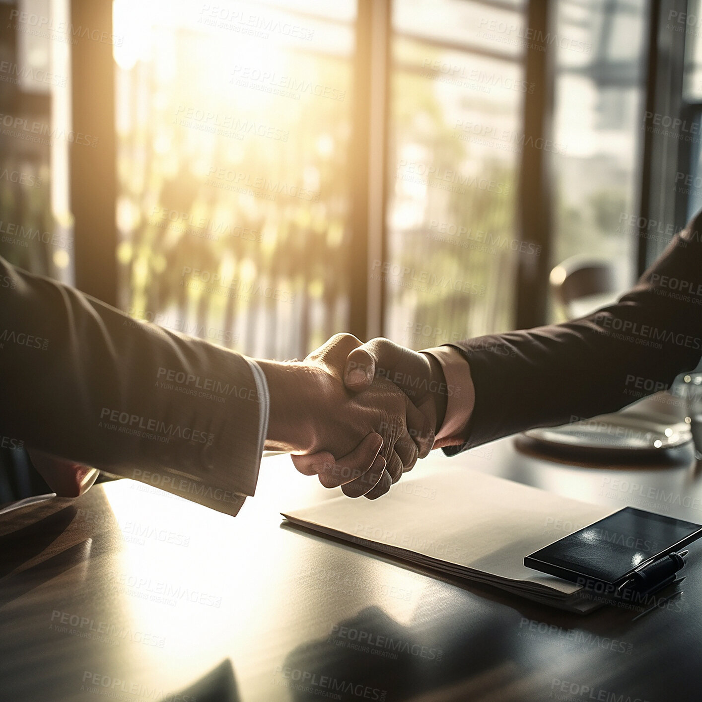 Buy stock photo Business people, handshake and partnership at night for b2b, deal or agreement in corporate meeting at office. Employees shaking hands working late in collaboration, teamwork, hiring or recruitment