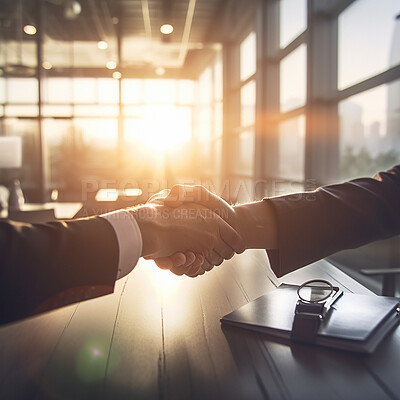 Buy stock photo Business people, shaking hands and partnership at night in corporate meeting for b2b, deal or agreement at office. Employees handshake working late in collaboration, team hiring and recruitment