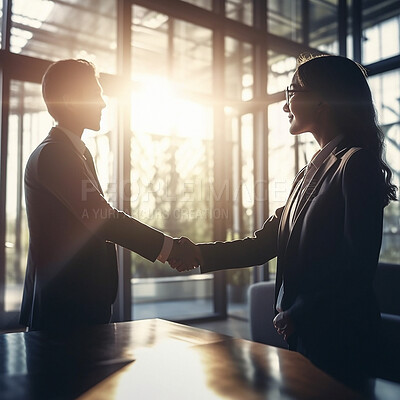 Buy stock photo Business people, handshake and partnership for b2b, introduction or deal agreement at corporate office. Businessman and woman shaking hands in collaboration, teamwork or welcome for recruitment