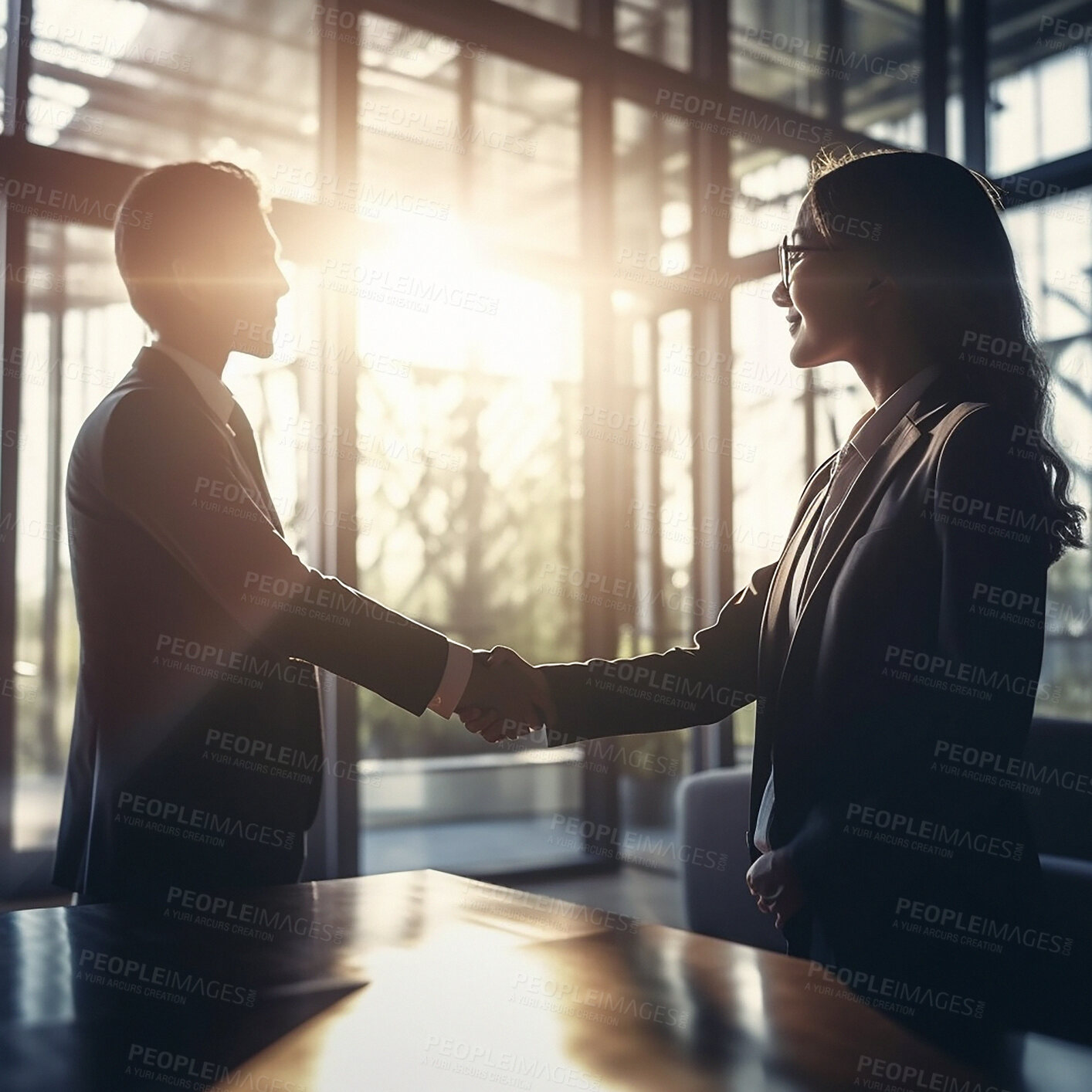 Buy stock photo Business people, handshake and partnership for b2b, introduction or deal agreement at corporate office. Businessman and woman shaking hands in collaboration, teamwork or welcome for recruitment