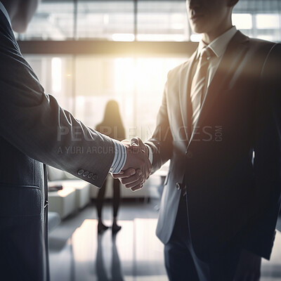 Businessman, handshake and partnership in corporate b2b, meeting or deal agreement at office. Employee men shaking hands in collaboration, teamwork or welcome for introduction, hiring or recruitment