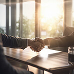 Business people, handshake and partnership for b2b, deal or agreement in corporate meeting at office. Employees shaking hands in collaboration, teamwork or recruitment for interview or hiring at work