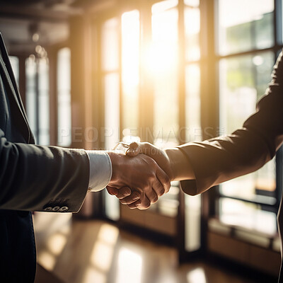 Buy stock photo Business people, handshake and partnership for b2b, deal or agreement in corporate growth at office. Employees shaking hands in collaboration, teamwork or welcome for hiring, recruitment or meeting