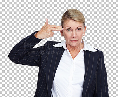 Suicide, hand gun and portrait of senior woman with mental health problem, business depression crisis and job mistake stress. Burnout, career anxiety and worker depressed on isolated on a png background
