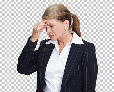 Mental health, stress or business woman with headache problem, work burnout anxiety and depressed over job mistake. Career fail, studio depression crisis or sad corporate employee isolated on a png background