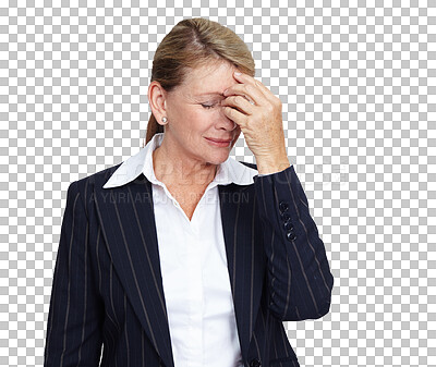 Mental health, burnout or business woman with headache problem, work stress anxiety and depressed over job mistake. Career fail, studio depression crisis or sad corporate employee isolated on a png background