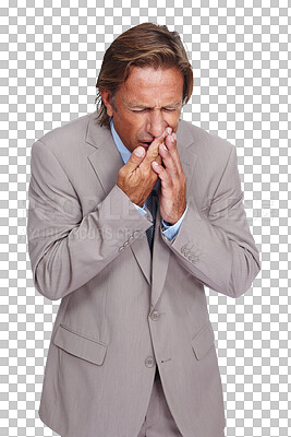 A Business man, toothache and pain and medical emergency. Employee, model and dental teeth problem, mouth inflammation and gum wellness from stress, health and sick isolated on a png background