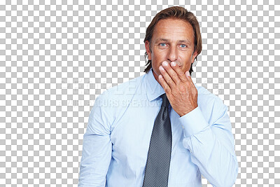 Portrait, wow and mockup with a business man looking shocked. Hand, surprise and branding with a handsome male employee standing on blank space for a logo isolated on a png background
