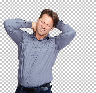 Neck pain injury, studio and business man with emergency crisis, employee work risk or problem. Medical healthcare, anatomy and hurt corporate worker with muscle strain accident isolated on a png background