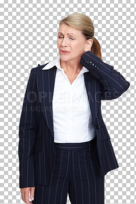 Mature woman executive, neck pain and studio with muscle injury, sprain and burnout. Isolated senior model, injured and corporate suit with physical therapy for anatomy emergency isolated on a png background