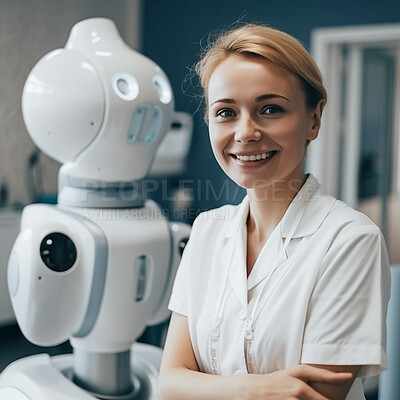 Buy stock photo Portrait, doctor and robot in future hospital of healthcare with automation innovation and ai generated tech. Arms crossed woman, happy and robotic assistant in clinic for futuristic help by machine