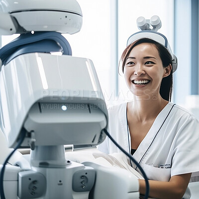 Asian doctor, robot and hospital for future of healthcare with progress, smile and happiness for ai machine. Woman, happy medic and robotic assistant in clinic for futuristic help with helping hand