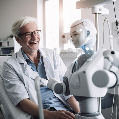 Senior doctor, robot and hospital for future of healthcare with progress, smile and happiness for ai machine. Man, happy medic and robotic assistant in clinic for futuristic help with research at lab