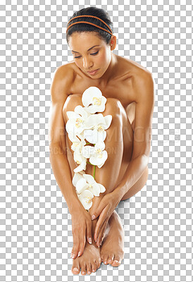 Body, skincare and woman with flowers in studio for natural beauty, product or cosmetics promotion in mockup. Legs, manicure and pedicure of model with floral skin care, dermatology and luxury spa isolated on a png background